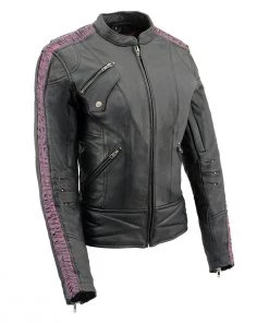 Milwaukee Leather MLL2571 Ladies Black And Purple “Crinkled Arm” Lightweight Racer Jacket