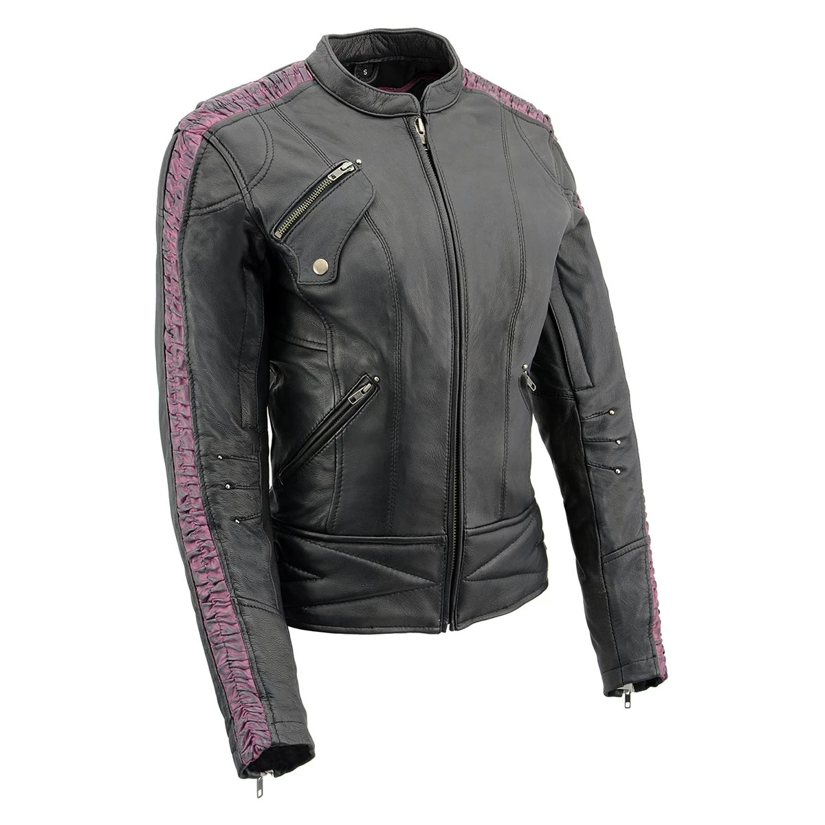 Milwaukee Leather MLL2571 Ladies Black And Purple “Crinkled Arm” Lightweight Racer Jacket