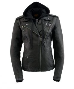 Leather Motorcycle Jackets Milwaukee Leather MLL2575 Ladies Black Vented MC Jacket With Removable Hoodie