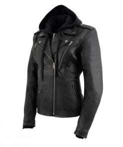 Leather Motorcycle Jackets Milwaukee Leather MLL2575 Ladies Black Vented MC Jacket With Removable Hoodie