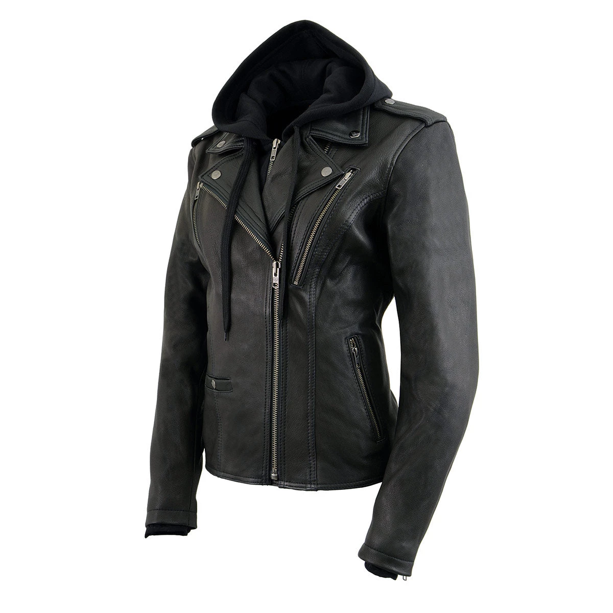 Leather Motorcycle Jackets Milwaukee Leather MLL2575 Ladies Black Vented MC Jacket With Removable Hoodie