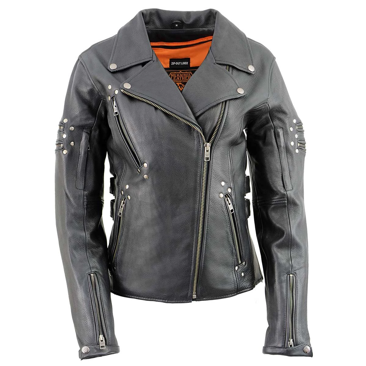 Milwaukee Leather MLL2585 Women's Fitted Belt-less Black Leather Jacket With Rivet Detailing Leather Motorcycle Jackets