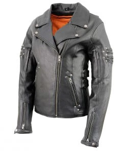 Milwaukee Leather MLL2585 Women's Fitted Belt-less Black Leather Jacket With Rivet Detailing Leather Motorcycle Jackets