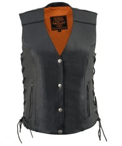 Milwaukee Leather MLL4500 Ladies Side Lace Black Leather Vest With Reflective Piping