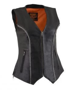 Milwaukee Leather MLL4502 Ladies Leather V Neck Zippered Vest With Rhinestone Bling Detail