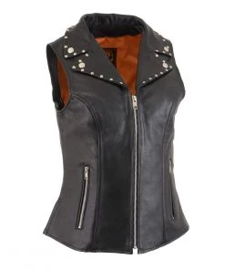 Milwaukee Leather MLL4503 Ladies Black Leather Vest With Riveted Lapel Collar