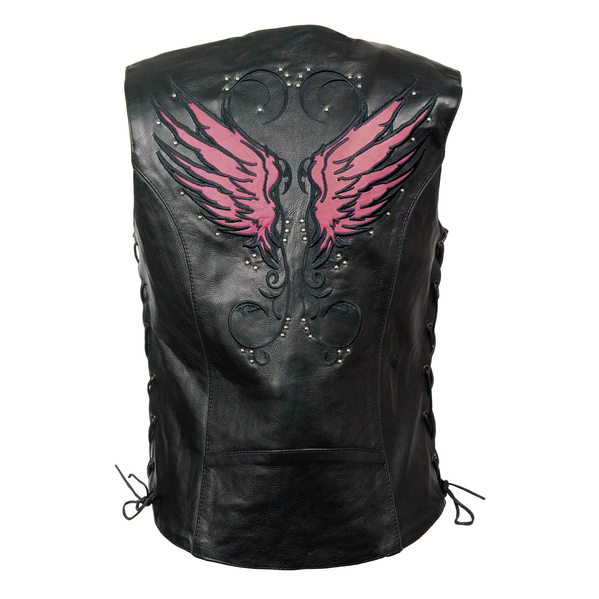 Milwaukee Leather MLL4505 Ladies Black And Pink 'Studded Wings' Leather Vest