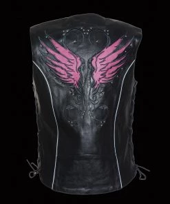 Milwaukee Leather MLL4505 Ladies Black And Pink'Studded Wings' Leather Vest