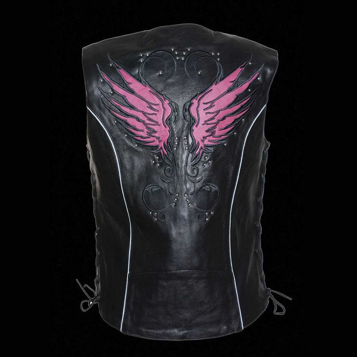 Milwaukee Leather MLL4505 Ladies Black And Pink 'Studded Wings' Leather Vest