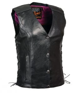 Milwaukee Leather MLL4505 Ladies Black And Pink 'Studded Wings' Leather Vest
