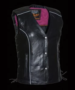 Milwaukee Leather MLL4505 Ladies Black And Pink'Studded Wings' Leather Vest