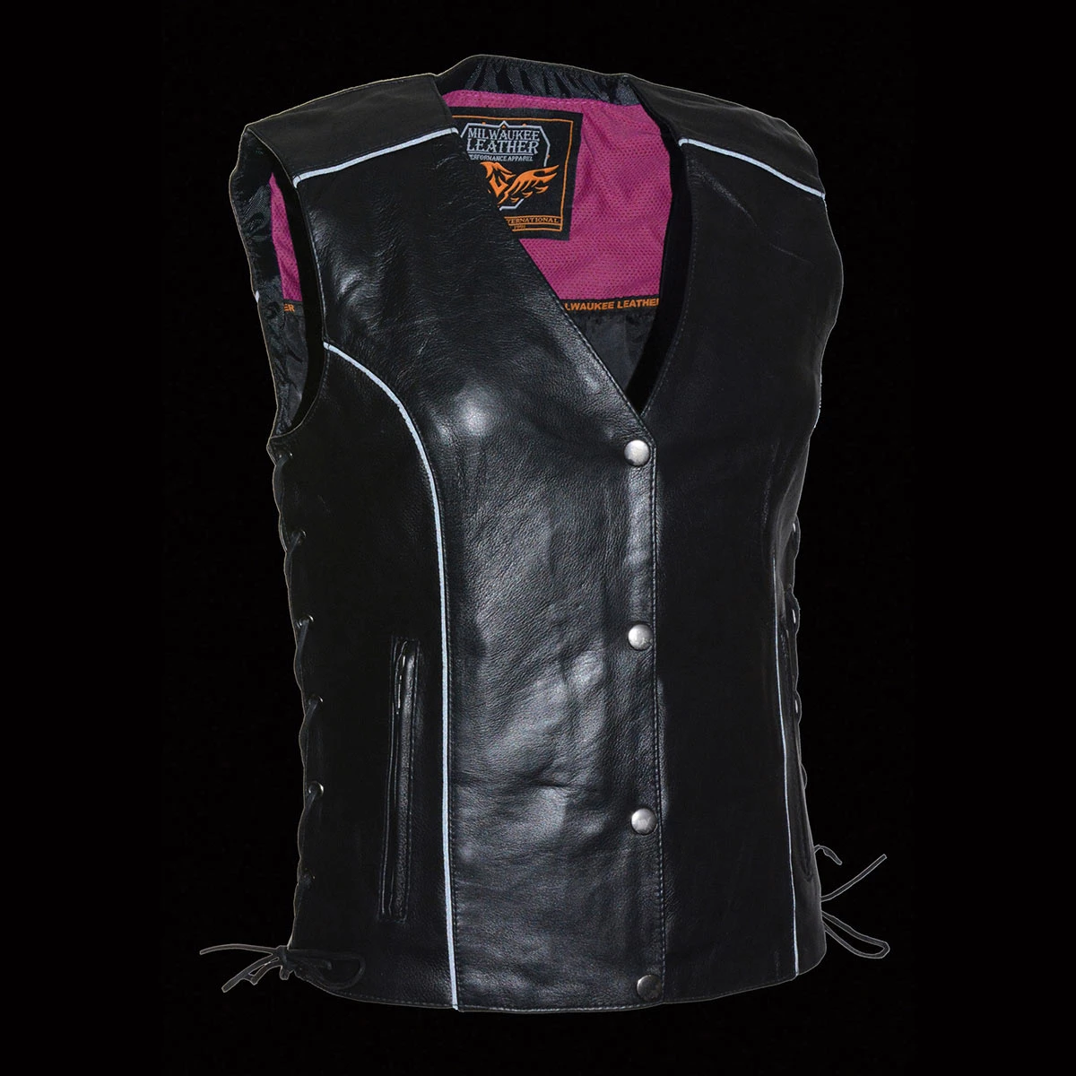 Milwaukee Leather MLL4505 Ladies Black And Pink 'Studded Wings' Leather Vest
