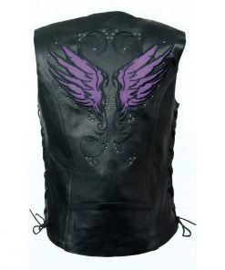 Milwaukee Leather MLL4505 Ladies Black And Purple 'Studded Wings' Leather Vest