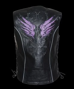 Milwaukee Leather MLL4505 Ladies Black And Purple'Studded Wings' Leather Vest