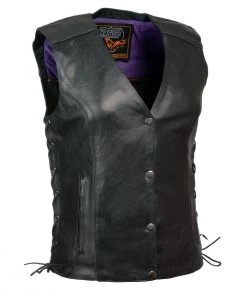 Milwaukee Leather MLL4505 Ladies Black And Purple 'Studded Wings' Leather Vest