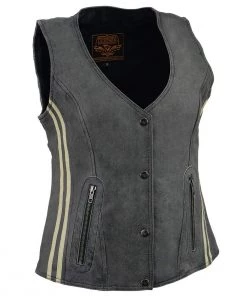 Milwaukee Leather MLL4506 Ladies Grey Leather Vintage Slate Snap Front Vest With Racing Stripes
