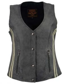 Milwaukee Leather MLL4506 Ladies Grey Leather Vintage Slate Snap Front Vest With Racing Stripes
