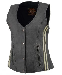 Milwaukee Leather MLL4506 Ladies Grey Leather Vintage Slate Snap Front Vest With Racing Stripes