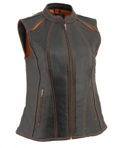 Milwaukee Leather MLL4507 Women's 'Laser Cut' Distressed Black And Orange Scuba Style Vest Motorcycle Vests