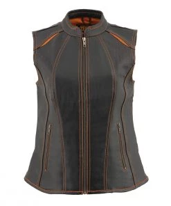 Milwaukee Leather MLL4507 Women's'Laser Cut' Distressed Black And Orange Scuba Style Vest Motorcycle Vests
