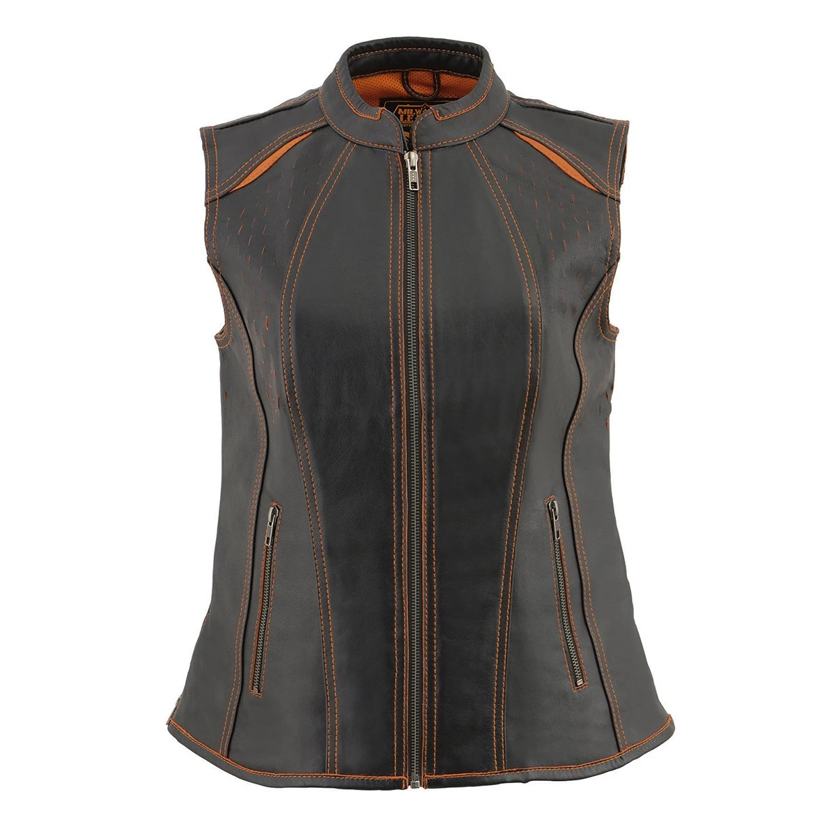 Milwaukee Leather MLL4507 Women's 'Laser Cut' Distressed Black And Orange Scuba Style Vest Motorcycle Vests