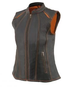 Milwaukee Leather MLL4507 Women's'Laser Cut' Distressed Black And Orange Scuba Style Vest Motorcycle Vests