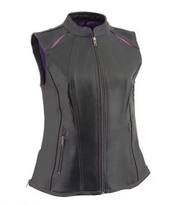 Motorcycle Vests Milwaukee Leather MLL4507 Women's 'Laser Cut' Distressed Black And Purple Scuba Style Vest