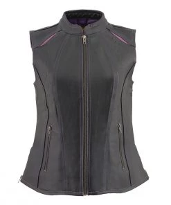 Motorcycle Vests Milwaukee Leather MLL4507 Women's'Laser Cut' Distressed Black And Purple Scuba Style Vest