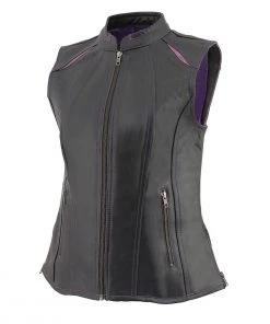 Motorcycle Vests Milwaukee Leather MLL4507 Women's'Laser Cut' Distressed Black And Purple Scuba Style Vest