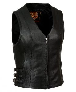 Milwaukee Leather MLL4510 Ladies Black Leather V-Neck Vest With Side Buckles Motorcycle Vests