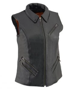 Milwaukee Leather MLL4520 Ladies Black Zipper Front Vest With Shirt Style Collar