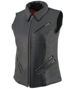Milwaukee Leather MLL4520 Ladies Black Zipper Front Vest With Shirt Style Collar