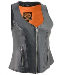 Milwaukee Leather MLL4530 Women's Open Neck Front Zipper Black Leather Vest