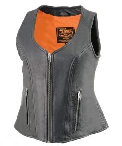 Milwaukee Leather MLL4530 Women's Open Neck Front Zipper Black Leather Vest