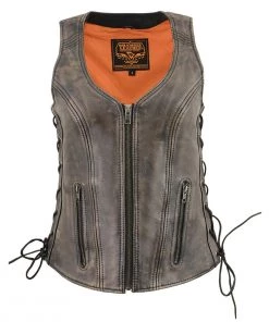 Milwaukee Leather MLL4531 Women's Distressed Brown ‘Open Neck’ Leather Vest With Side Laces Motorcycle Vests