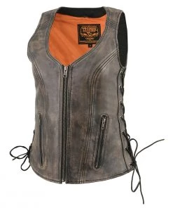 Milwaukee Leather MLL4531 Women's Distressed Brown ‘Open Neck’ Leather Vest With Side Laces Motorcycle Vests