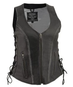 Milwaukee Leather MLL4531 Women's Distressed Grey ‘Open Neck’ Leather Vest With Side Laces