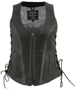 Milwaukee Leather MLL4531 Women's Distressed Grey ‘Open Neck’ Leather Vest With Side Laces