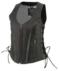 Milwaukee Leather MLL4531 Women's Distressed Grey ‘Open Neck’ Leather Vest With Side Laces
