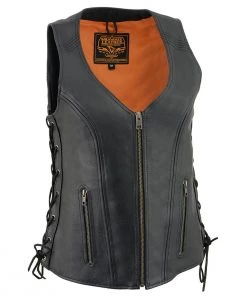 Milwaukee Leather MLL4531 Women's Black 'Open Neck’ Leather Vest With Side Laces