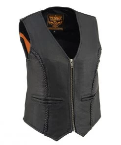 Motorcycle Vests Milwaukee Leather MLL4550 Ladies Black Braided Lightweight Leather Vest With Zipper Closure