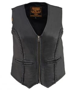 Motorcycle Vests Milwaukee Leather MLL4550 Ladies Black Braided Lightweight Leather Vest With Zipper Closure