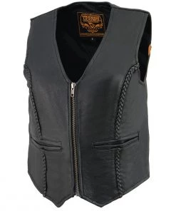 Motorcycle Vests Milwaukee Leather MLL4550 Ladies Black Braided Lightweight Leather Vest With Zipper Closure
