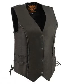 Milwaukee Leather MLL4560 Ladies Black Braided Leather Vest With Side Laces