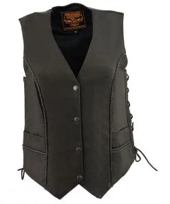 Milwaukee Leather MLL4560 Ladies Black Braided Leather Vest With Side Laces