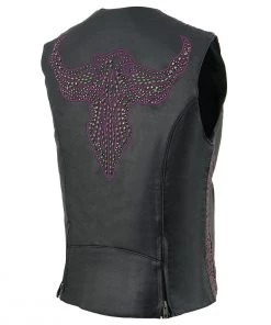 Milwaukee Leather MLL4570 Ladies Black And Purple 'Studded Phoenix' Leather Vest Motorcycle Vests