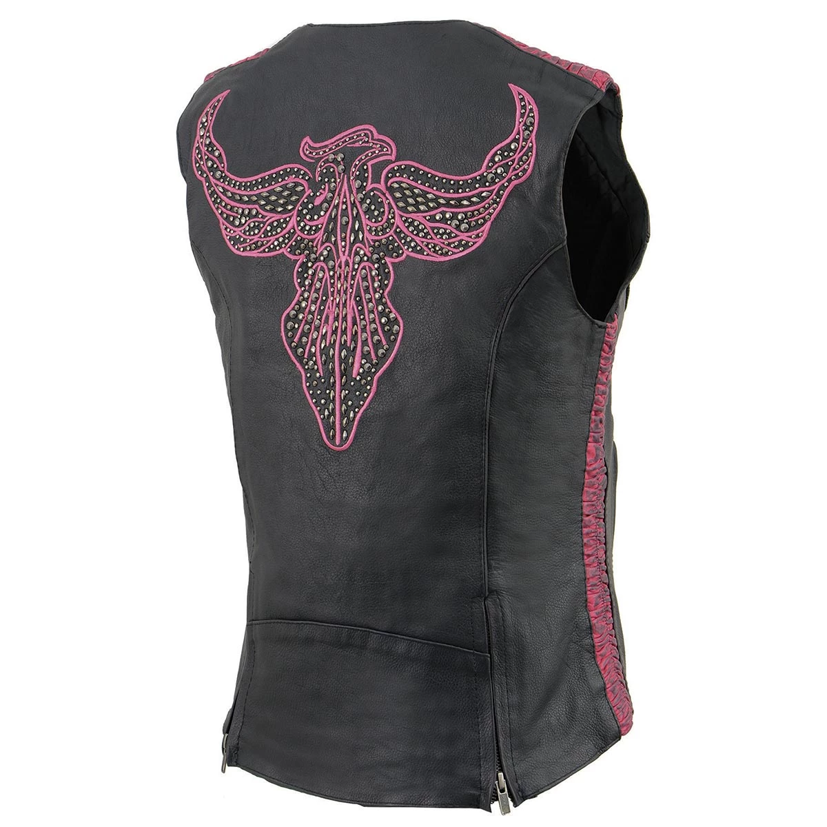 Milwaukee Leather MLL4570 Ladies Black And Fuchsia 'Studded Phoenix' Leather Vest