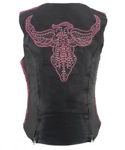 Milwaukee Leather MLL4570 Ladies Black And Fuchsia'Studded Phoenix' Leather Vest