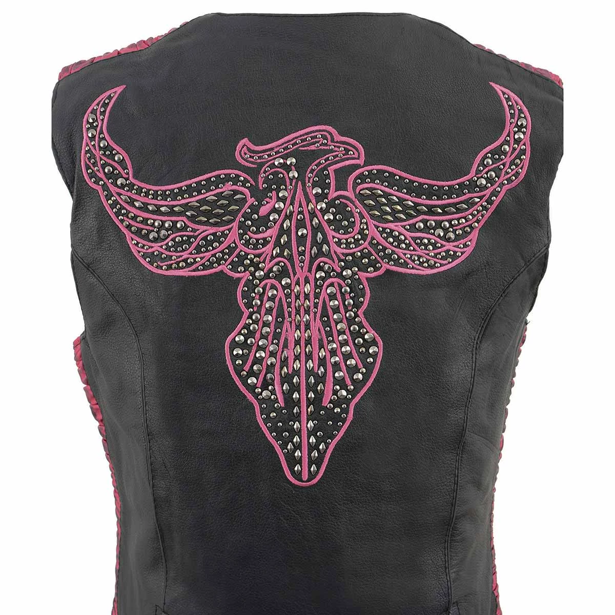 Milwaukee Leather MLL4570 Ladies Black And Fuchsia 'Studded Phoenix' Leather Vest