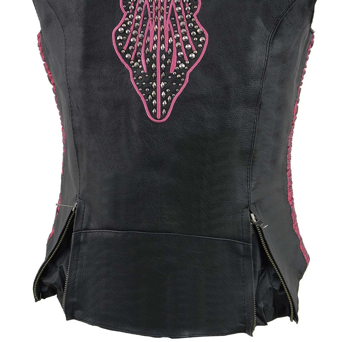 Milwaukee Leather MLL4570 Ladies Black And Fuchsia 'Studded Phoenix' Leather Vest
